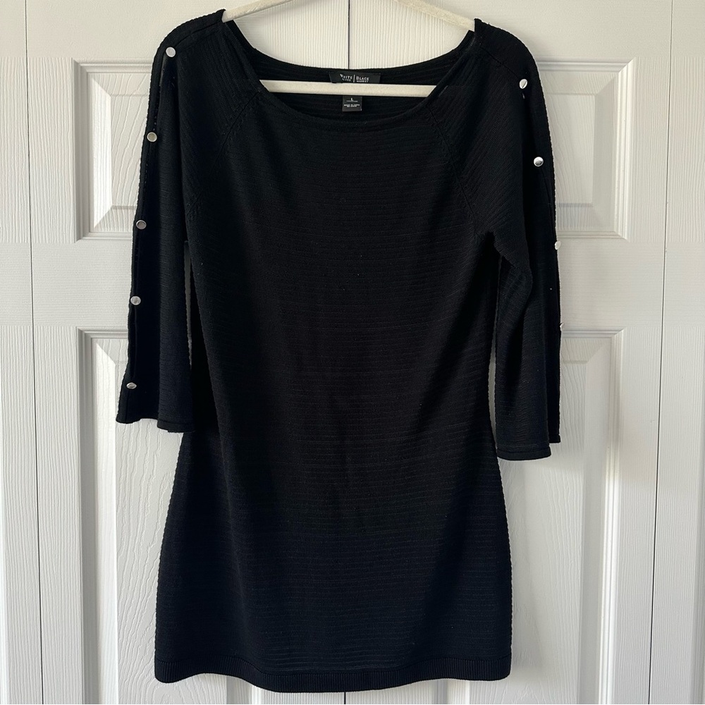 White House Black Market Black Boatneck Knit Top with Button Sleeve Detail